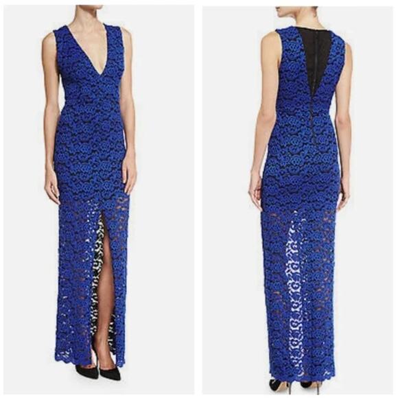 ALICE + OLIVIA Kahlo Lace Maxi Dress Slit Cobalt Blue Black Sz 4 NWT {XX39} - Picture 1 of 5